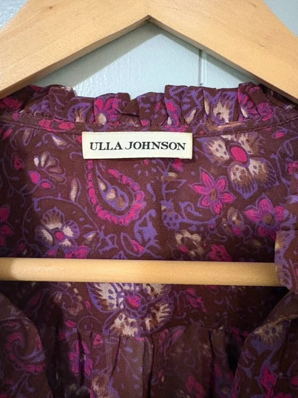 Ulla Johnson Renly Blouse Sumac Floral Paisley 100% Silk Sz 0 Ruffle Puff Sleeve